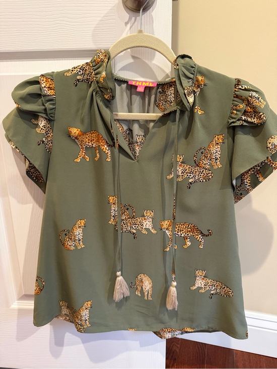 THML Tops - THML Olive Green Leopard Motif Tie-Neck Blouse